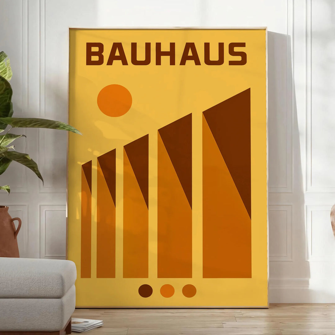 Geometric abstract forms in yellow, red, green, and orange inspired by Bauhaus