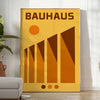 Geometric abstract forms in yellow, red, green, and orange inspired by Bauhaus