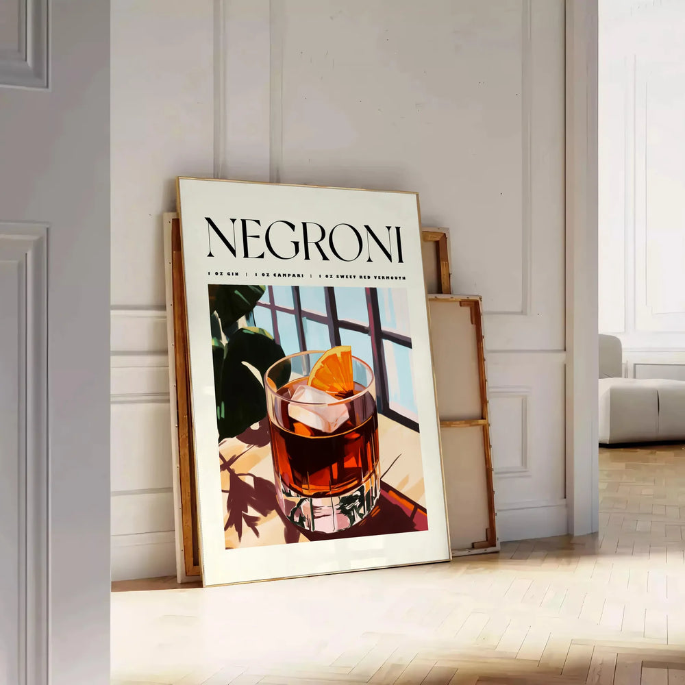 Stylized illustration of a Negroni cocktail in orange and white