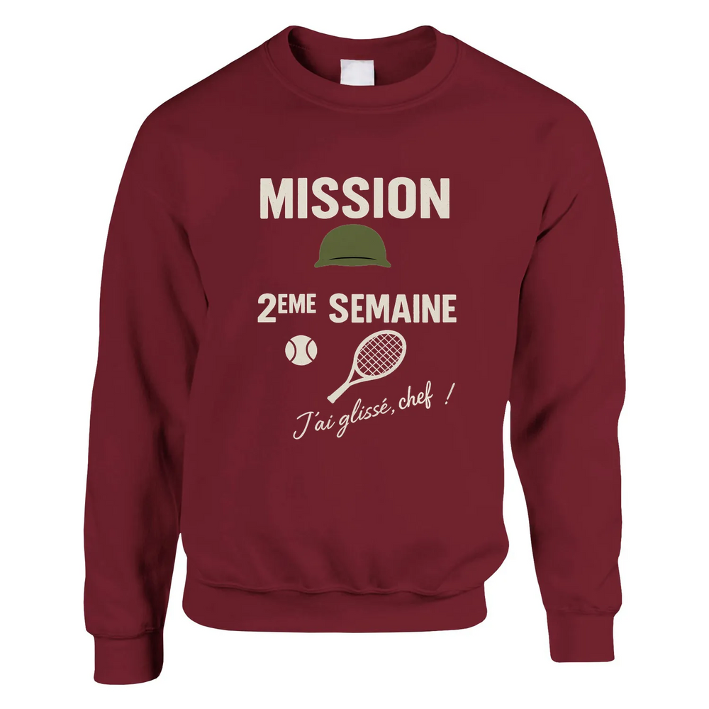 Crewneck sweater featuring 'Mission 2ème Semaine Tennis' text in bold font