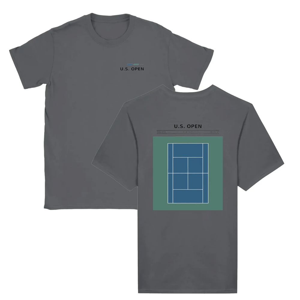 T-shirt featuring a graphic of a tennis player serving at the US Open
