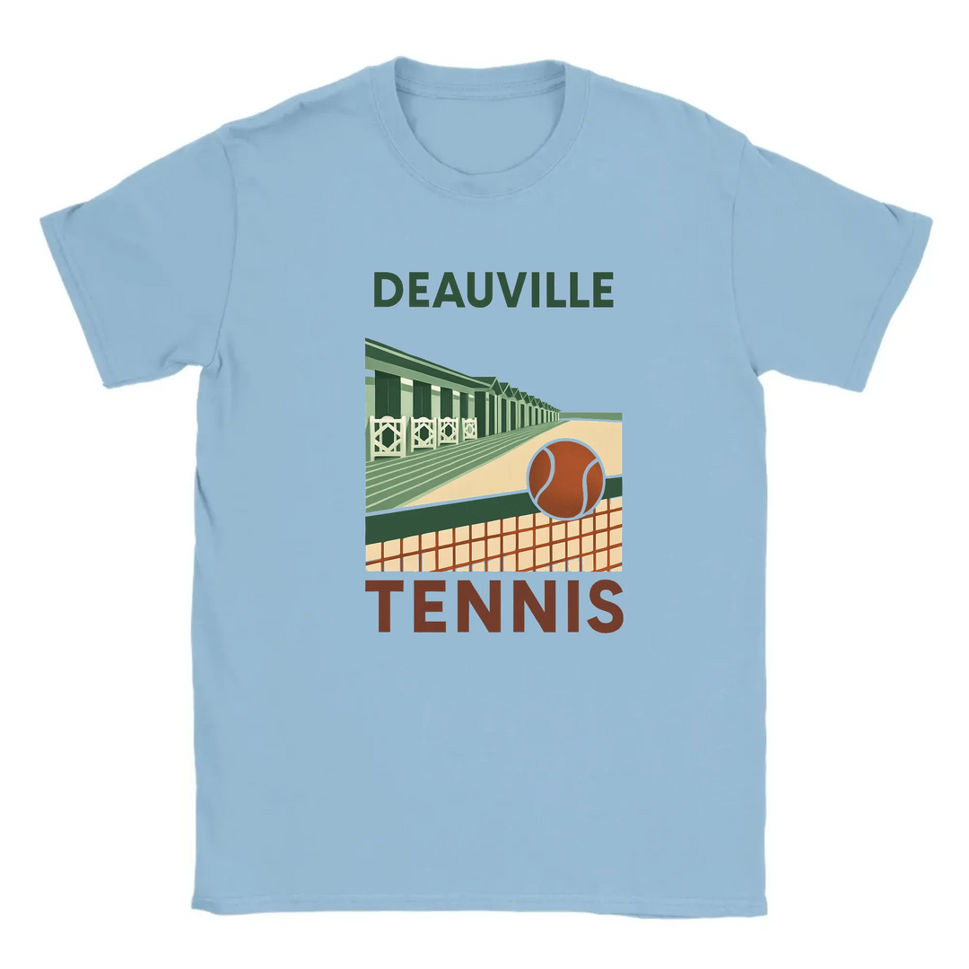 T-shirt featuring a graphic of tennis rackets and balls with Deauville text
