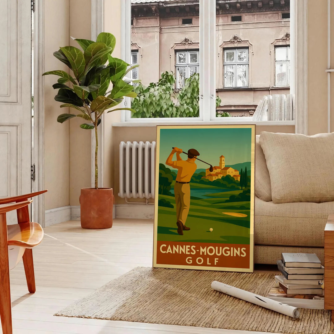 Art Deco poster featuring a golf scene in Cannes Mougins with yellow and gray tones