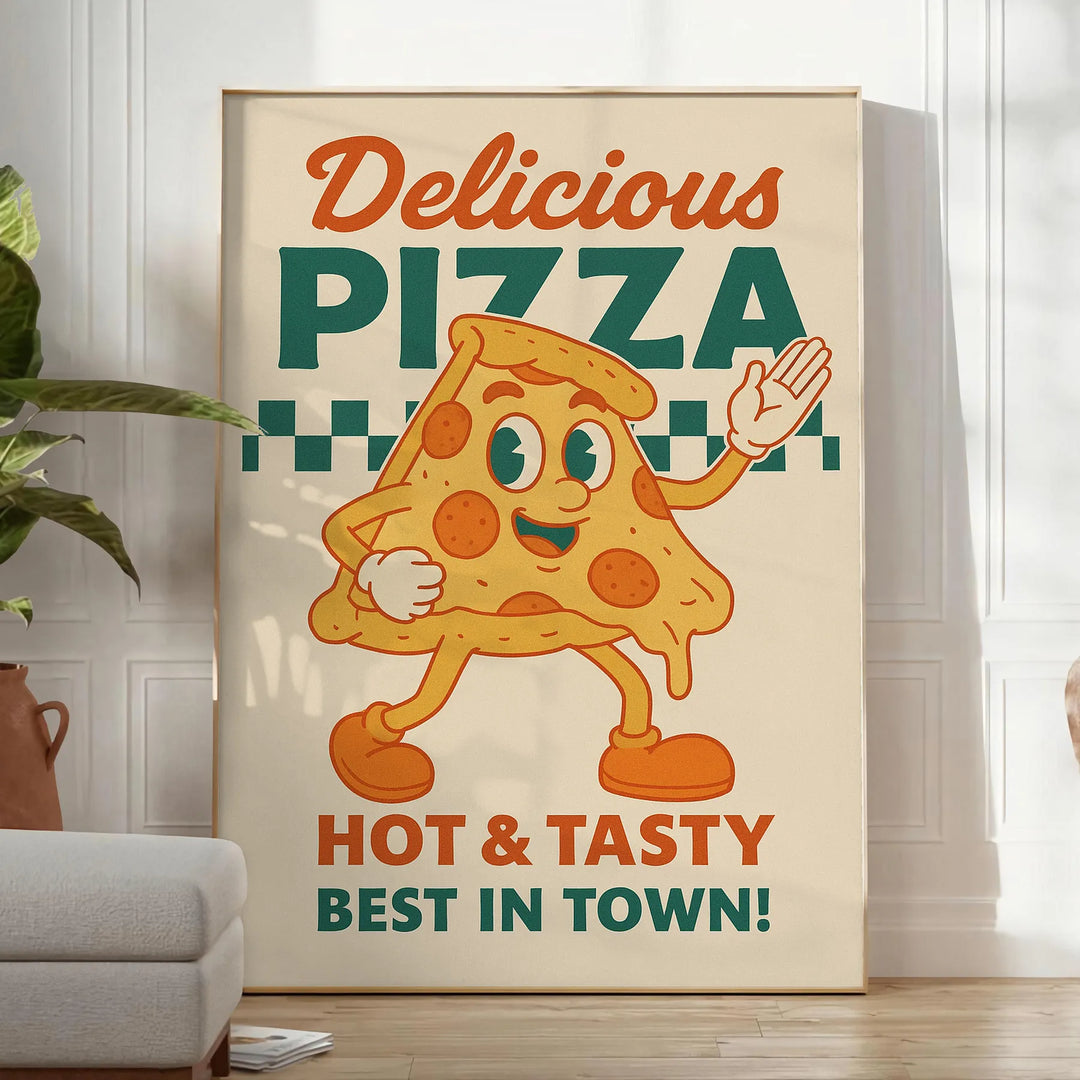 Blue and orange vintage pizza kitchen poster with colorful retro illustration