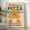 Blue and orange vintage pizza kitchen poster with colorful retro illustration