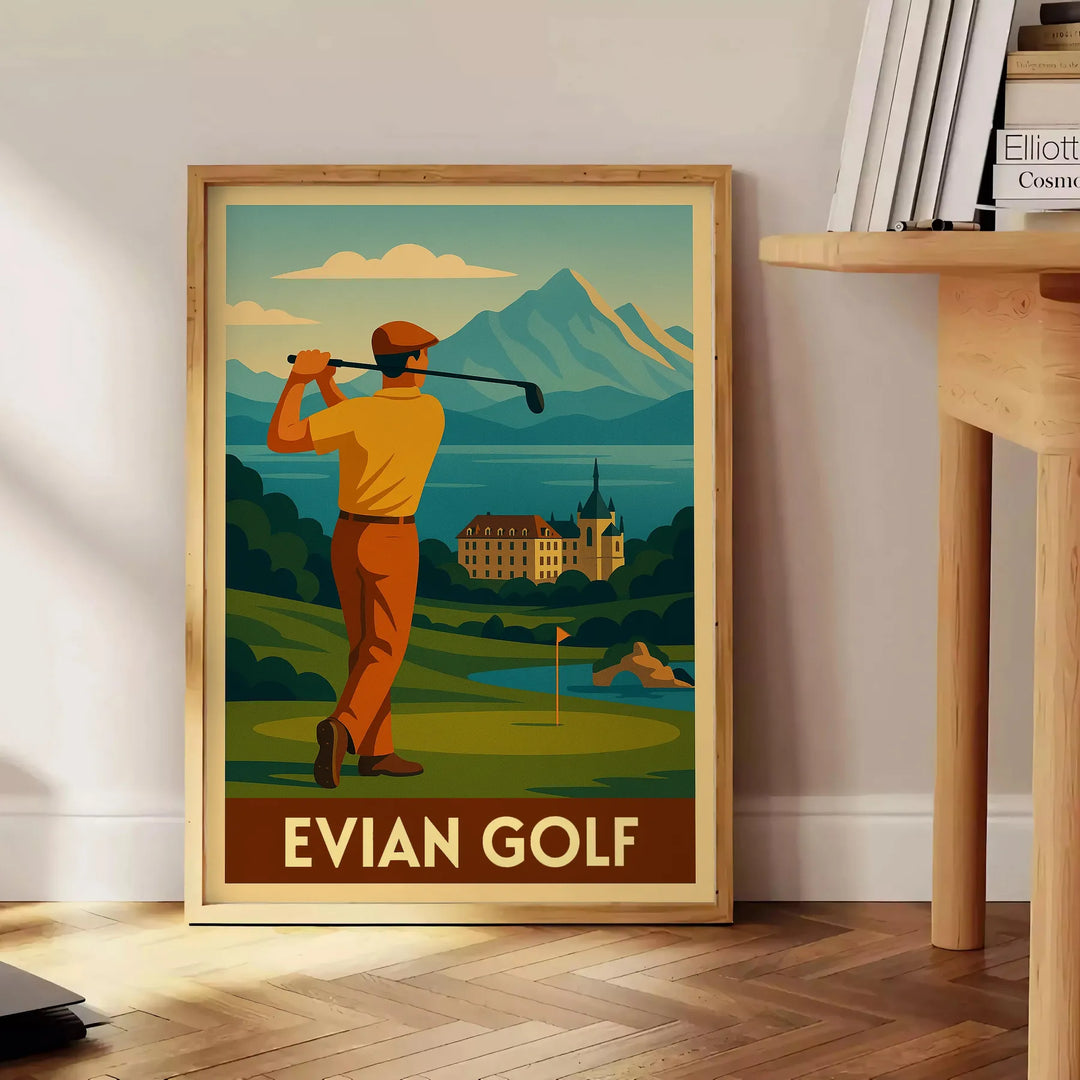 Vintage Art Deco αφίσα γκολφ Evian σε κίτρινες και γκρι αποχρώσεις