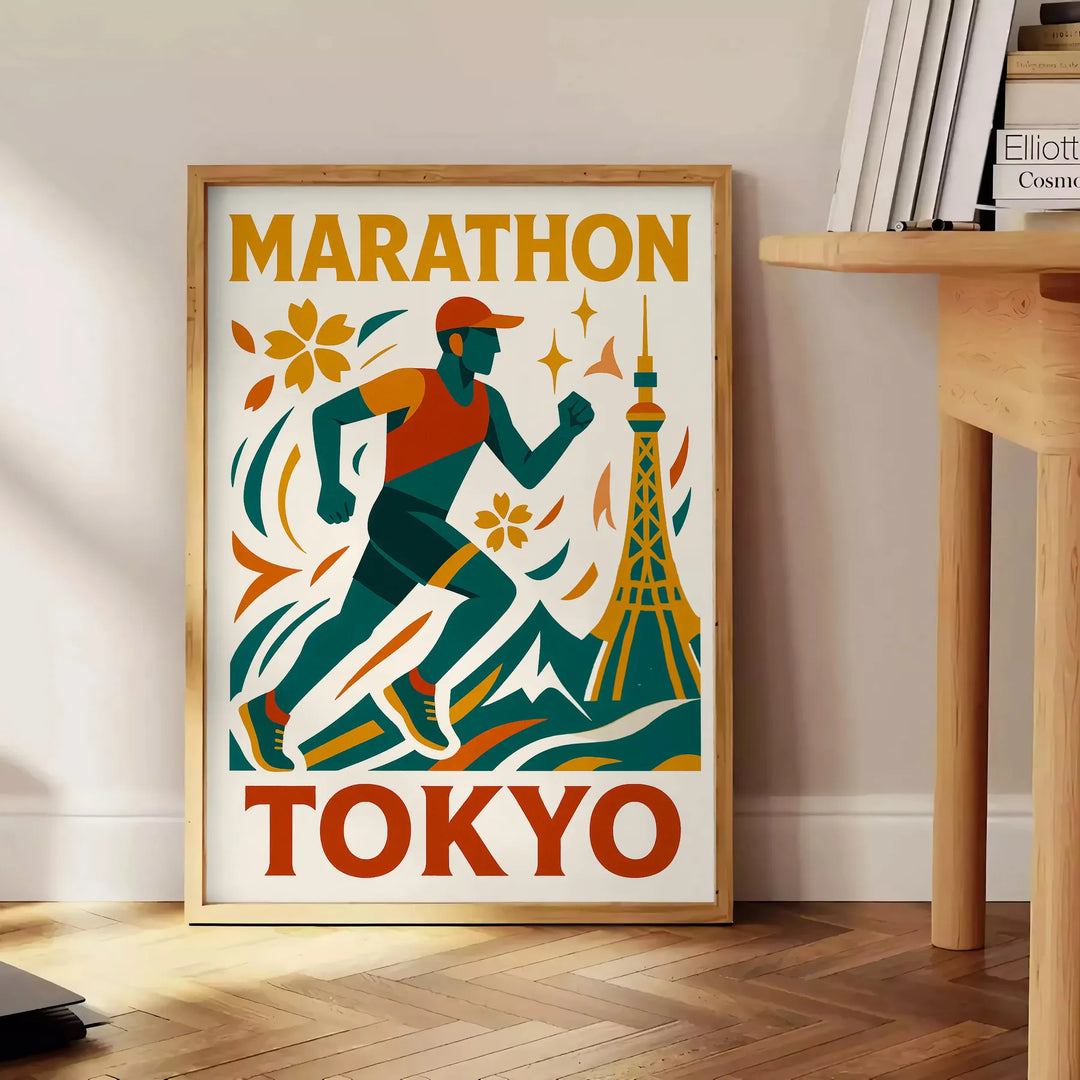 Gray and blue Tokyo marathon poster, minimalist running silhouette design