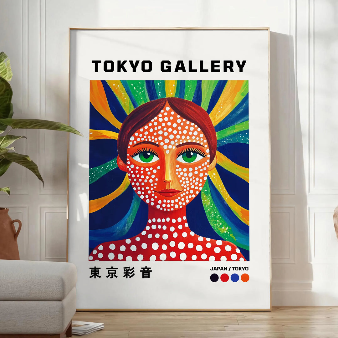 Stylized female figure by Yayoi Kusama in red and blue patterns