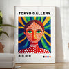 Stylized female figure by Yayoi Kusama in red and blue patterns
