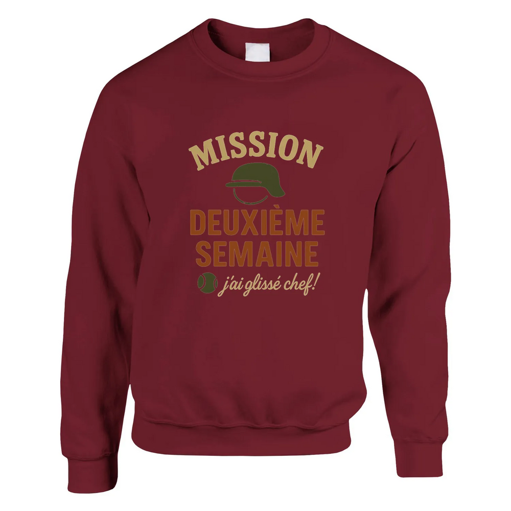 Crewneck sweater featuring a graphic of tennis elements with text 'Mission 2eme Semaine Tennis'