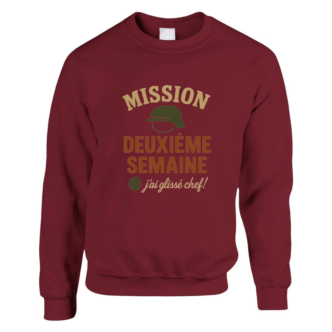 Crewneck sweater featuring a graphic of tennis elements with text 'Mission 2eme Semaine Tennis'