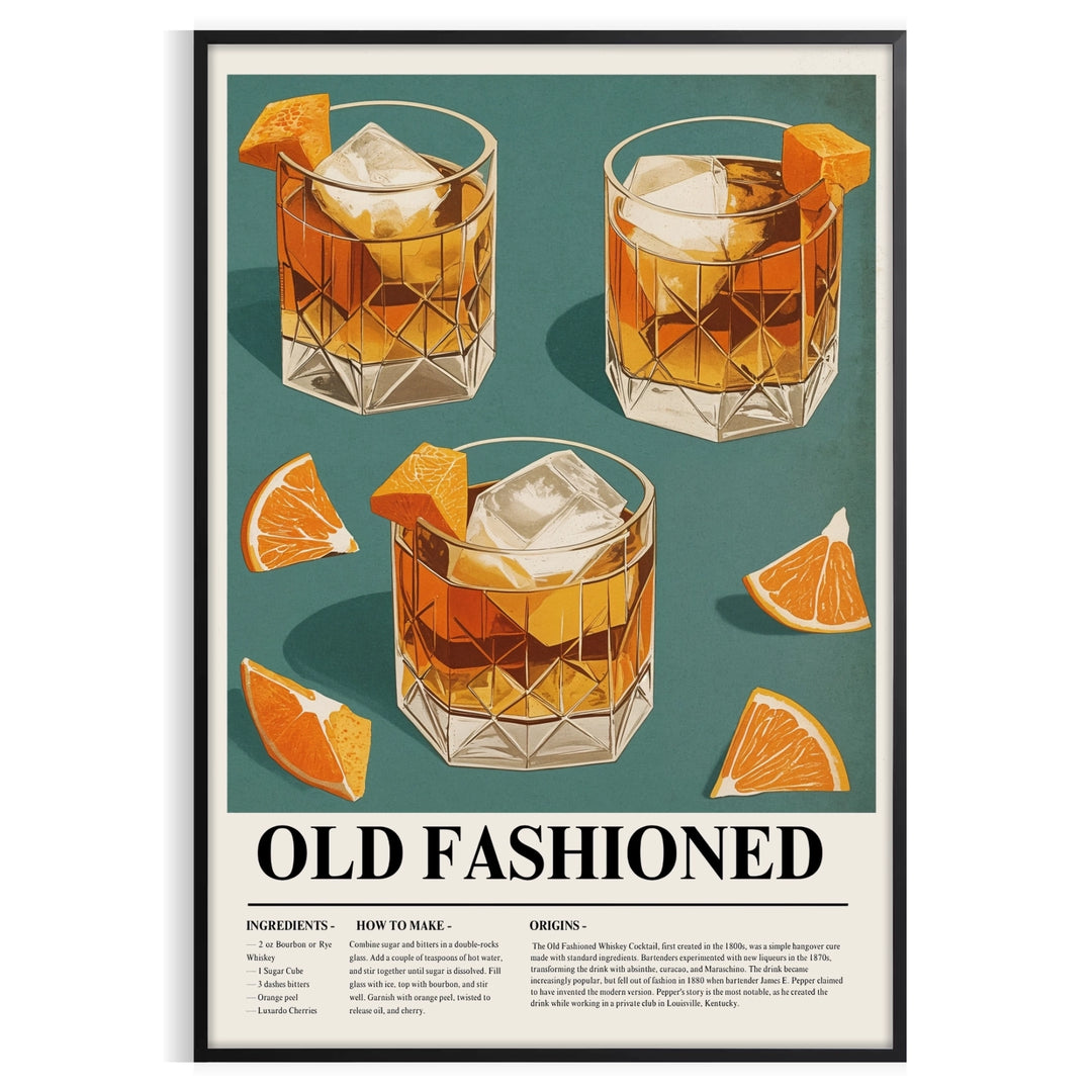 Vintage poster of an Old Fashioned cocktail in orange and gray