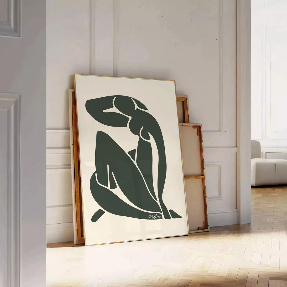 Matisse-style blue cutout figure on a white-gray background
