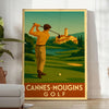 Art Deco poster featuring a golf scene in Cannes Mougins with yellow and gray tones