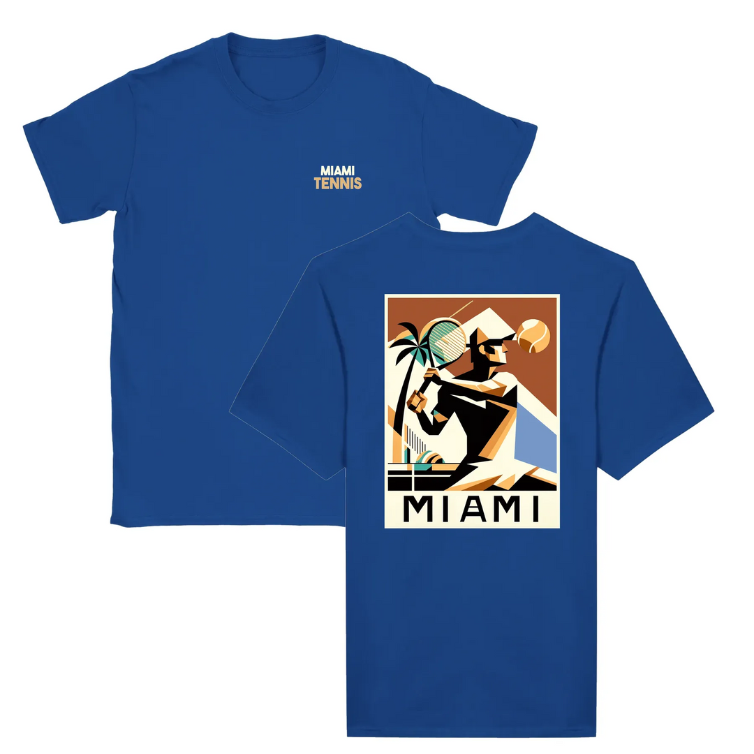 T-shirt featuring a graphic of a tennis player in action against a Miami skyline