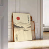 Minimalist artwork featuring a Japanese sun above a mountain and a boat in gray and orange