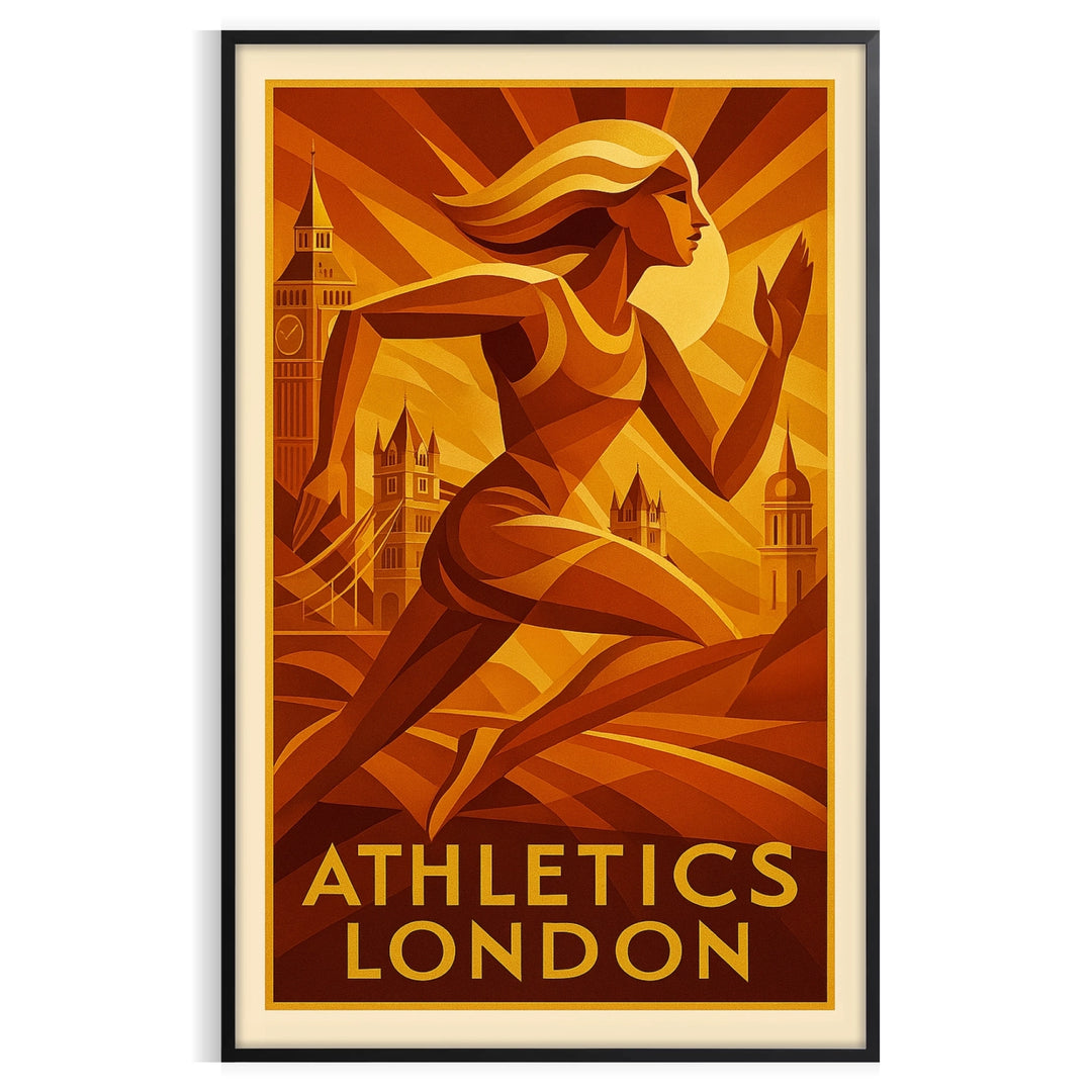 Female athlete in action against a London skyline, graphic style with earthy tones