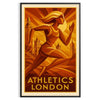 Atleta femenina en acción con el horizonte de Londres, estilo gráfico en tonos tierra