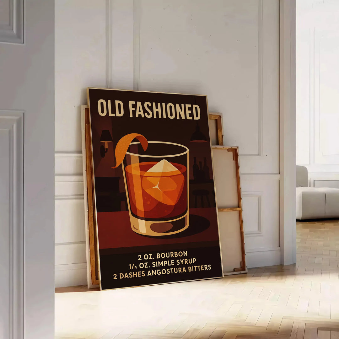 Black and gray poster of an Old Fashioned cocktail illustration