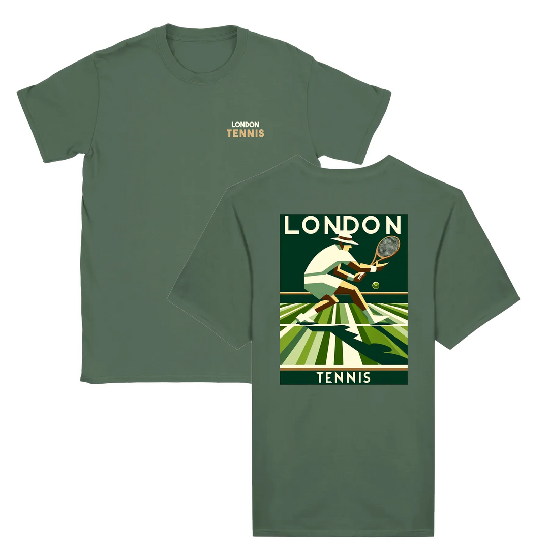 T-shirt featuring a graphic of a tennis player in action, with London landmarks in the background