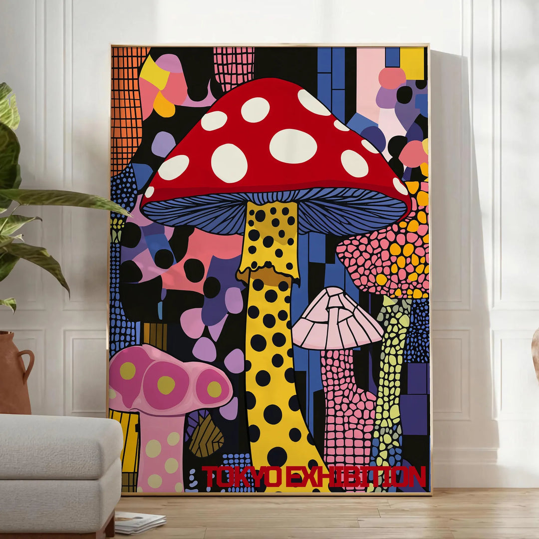 Colorful mushroom with polka dots by Yayoi Kusama, featuring green and black hues