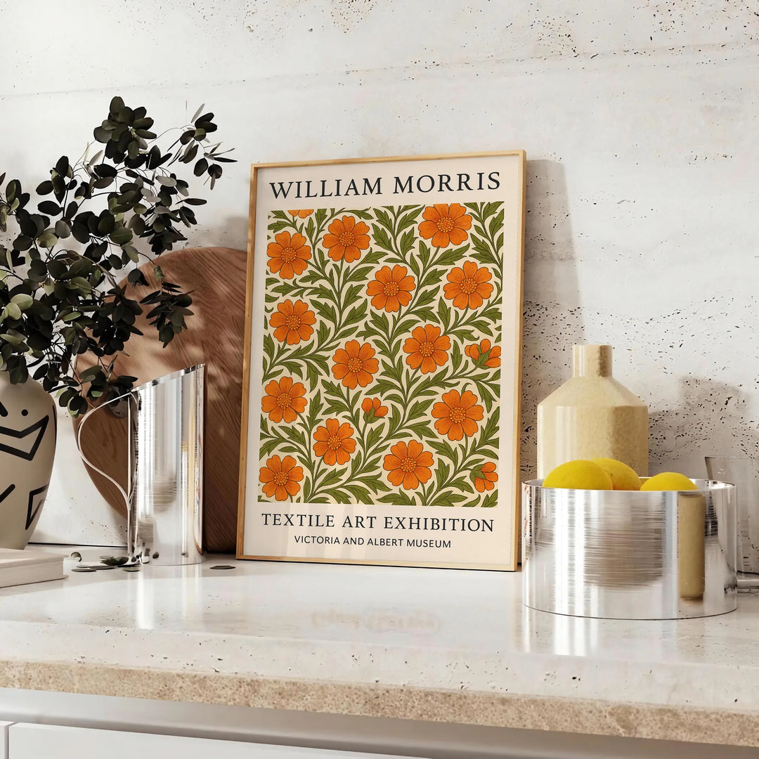 William Morris botanical design featuring intricate floral patterns in orange and green
