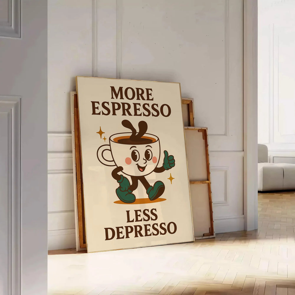 Kitchen poster with green and blue typography, featuring 'More Espresso Less Depresso'