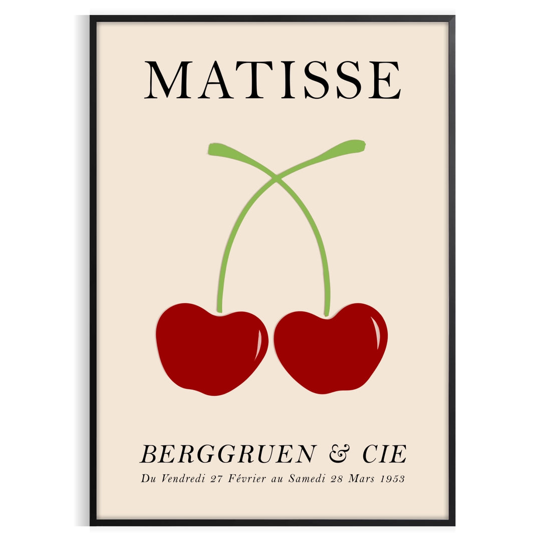 Red and orange paper-cut cherries in a mid-century style