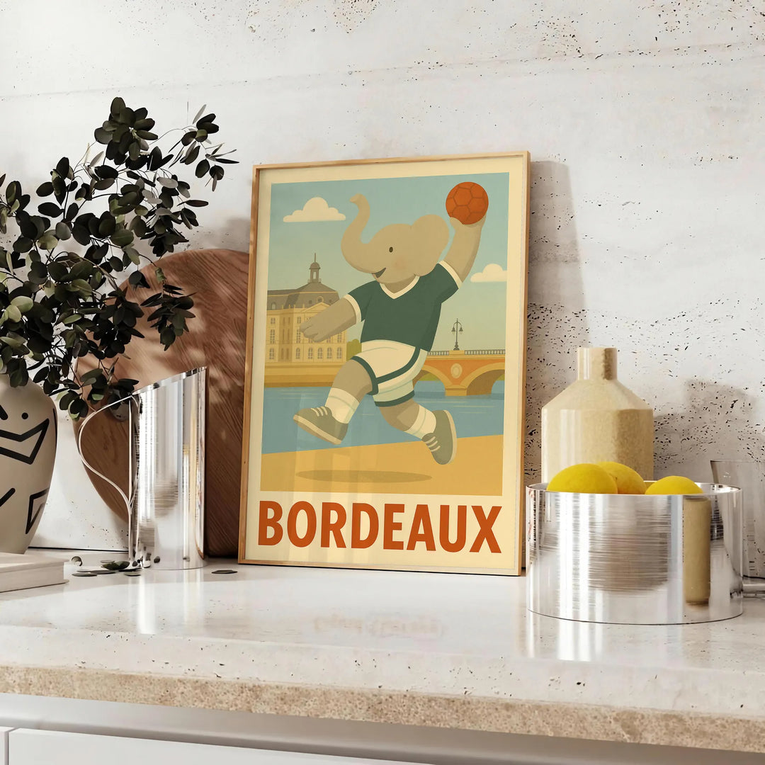 Playful kids handball elephant illustration poster in bordeaux, gray and green