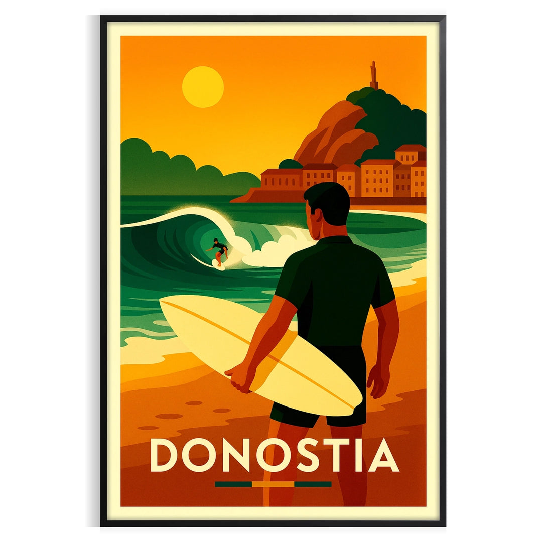Surf scene in San Sebastian, featuring dynamic waves and surfers in vibrant colors