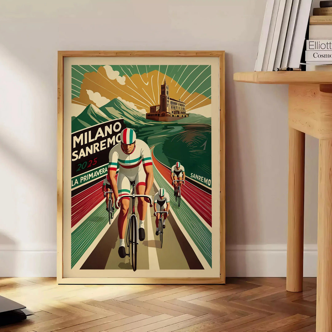 Vintage poster depicting cyclists racing through a green landscape with orange accents