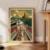 Vintage poster depicting cyclists racing through a green landscape with orange accents
