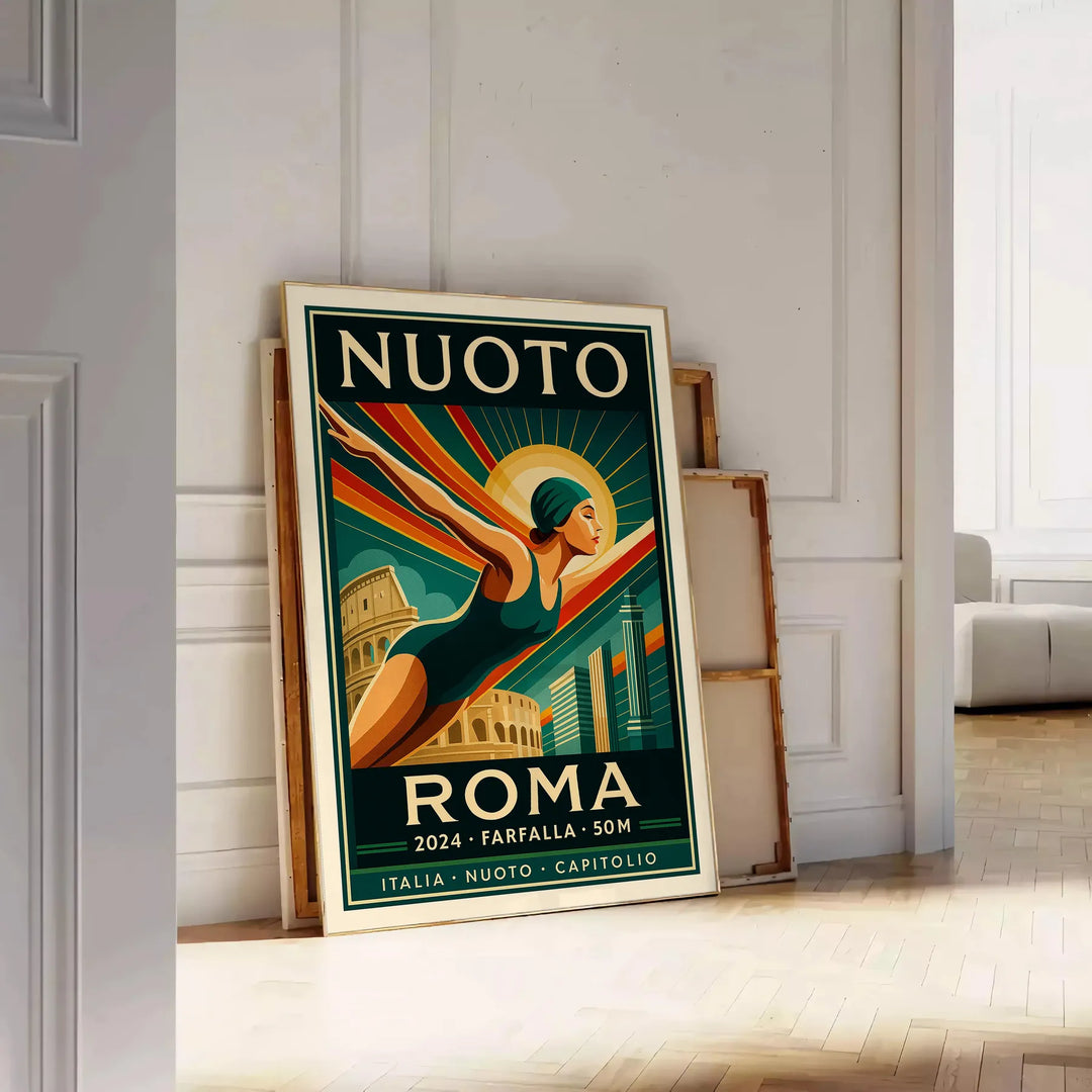 Stylized swimmer in motion with Roman columns in the background