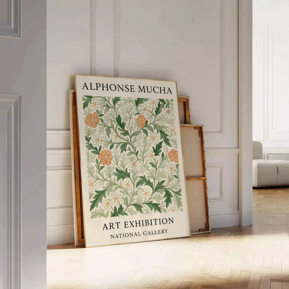 Art Nouveau botanical illustration by Alphonse Mucha featuring intricate floral designs in earthy tones