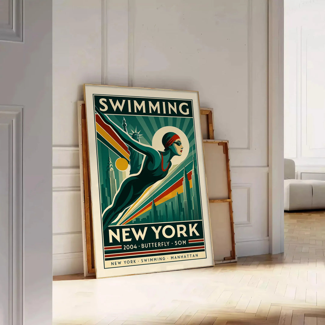 Retro illustration of a swimmer in bold green and orange against New York skyline