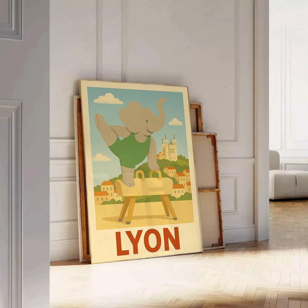 Gray and green kid poster featuring whimsical elephant doing gymnastics