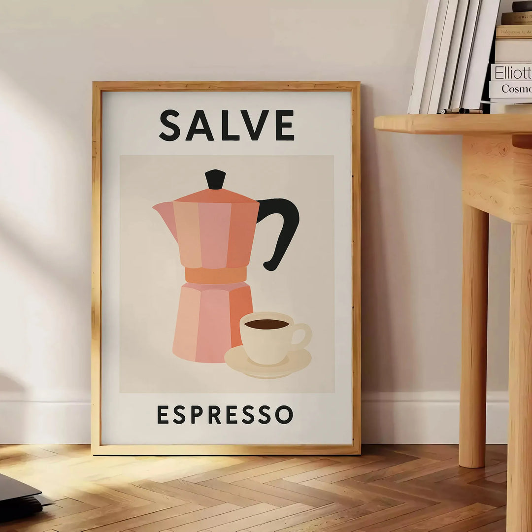 Black and gray Salve Espresso kitchen poster, minimalist graphic artwork