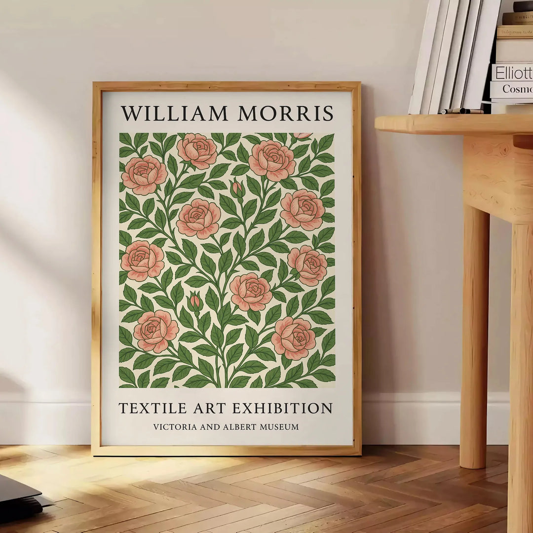 Poster showing William Morris botanical pattern in gray and orange