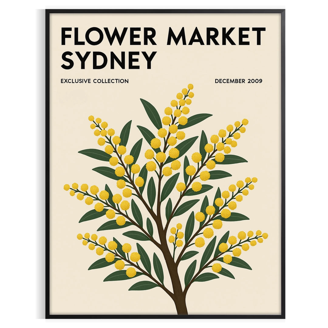 Vintage botanical illustration of a flower market in Sydney with lush greens and yellows