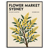 Vintage botanisk illustration av en blomstermarknad i Sydney med frodiga gröna och gula nyanser