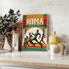 Poster featuring bold graphic Rome marathon design in white and red.