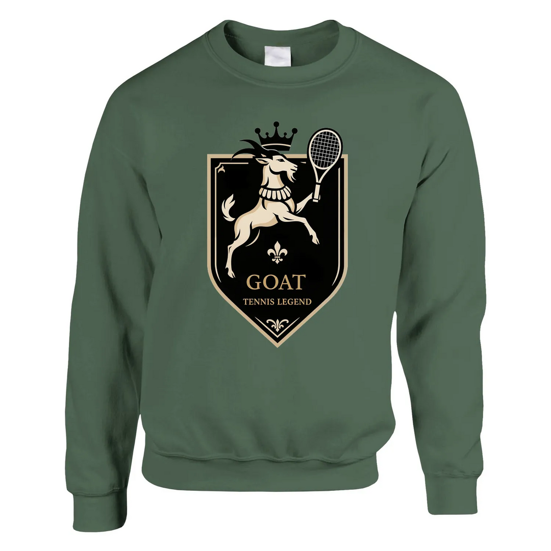Unisex sweater with a graphic print of a tennis player and the text 'Legend Goat'