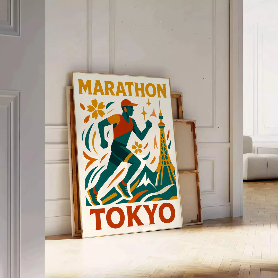 Gray and blue Tokyo marathon poster, minimalist running silhouette design