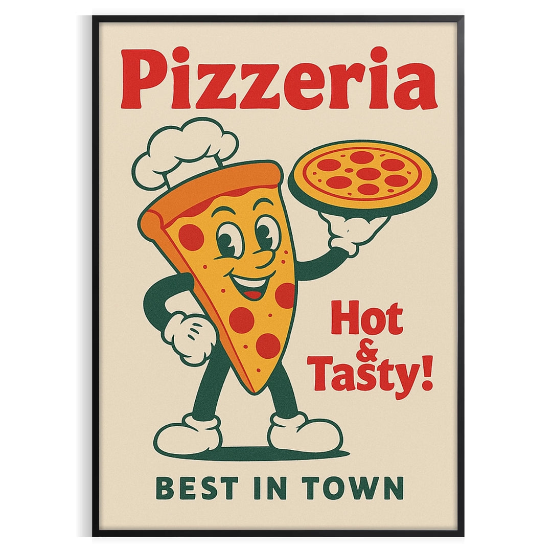 Poster of a pizzeria kitchen illustration, retro style, green and red