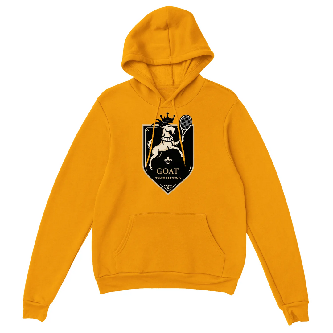 Hoodie with a graphic of a goat playing tennis, featuring bold colors