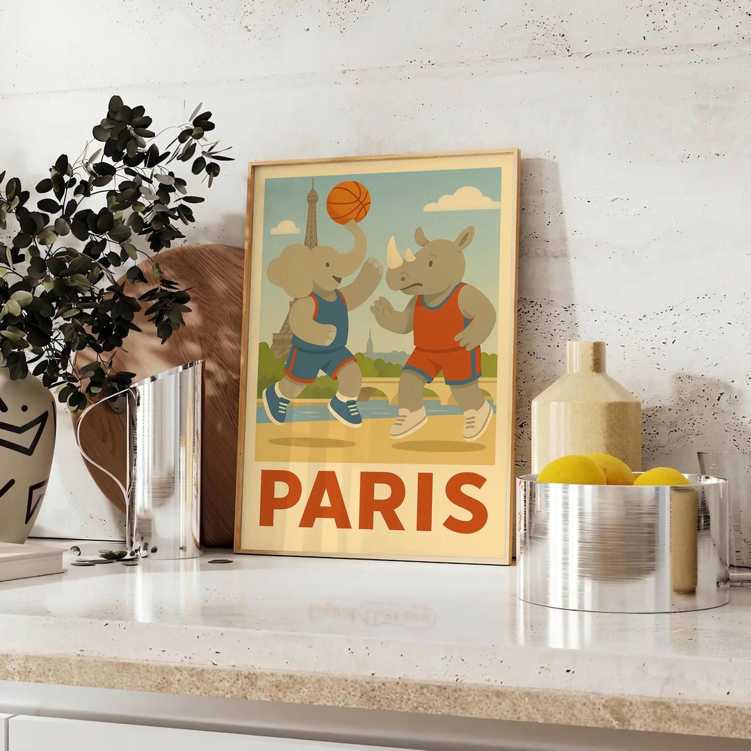 Colorful illustration of elephants and a rhinoceros playing basketball in Paris