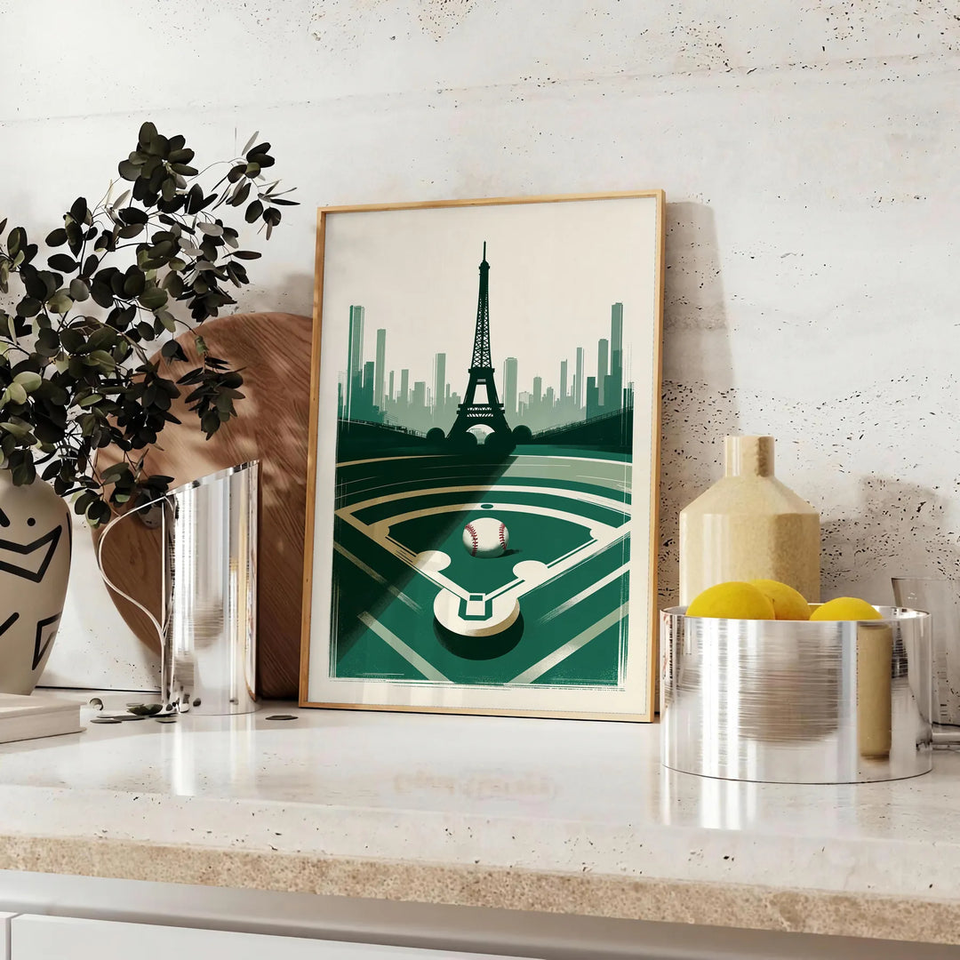 Vintage poster showing baseball player with Paris motifs in retro style