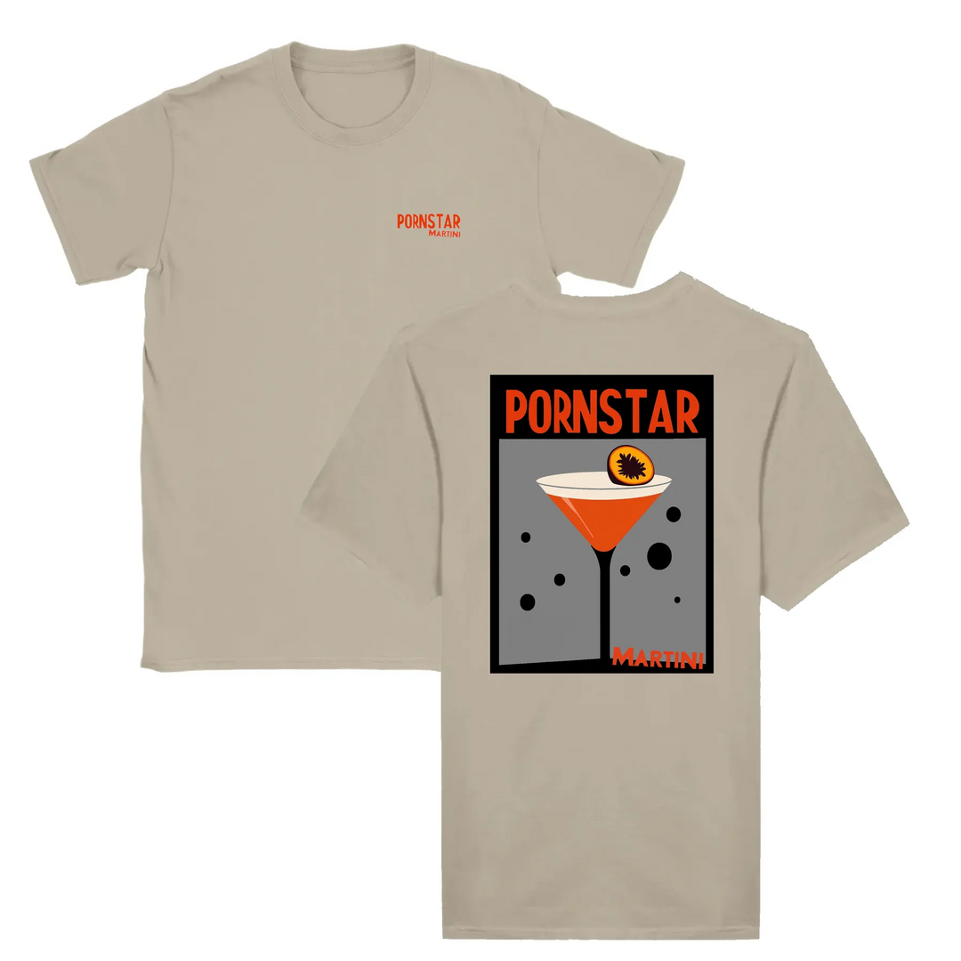 T-shirt featuring a graphic of a Pornstar Martini cocktail