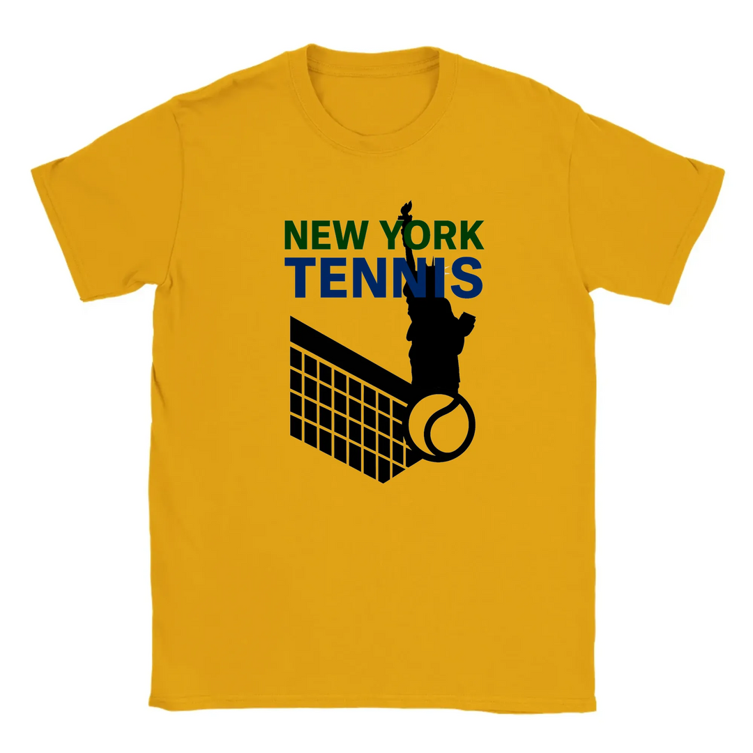 T-shirt featuring a graphic of tennis rackets and a ball with New York text