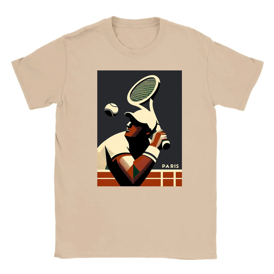 T-shirt featuring a graphic design of tennis elements and Paris landmarks